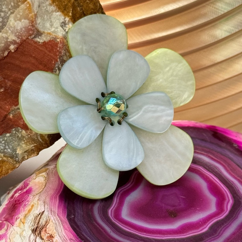 Vintage Minty Moonglow-Style Floral Brooch with Green Iridescent Center